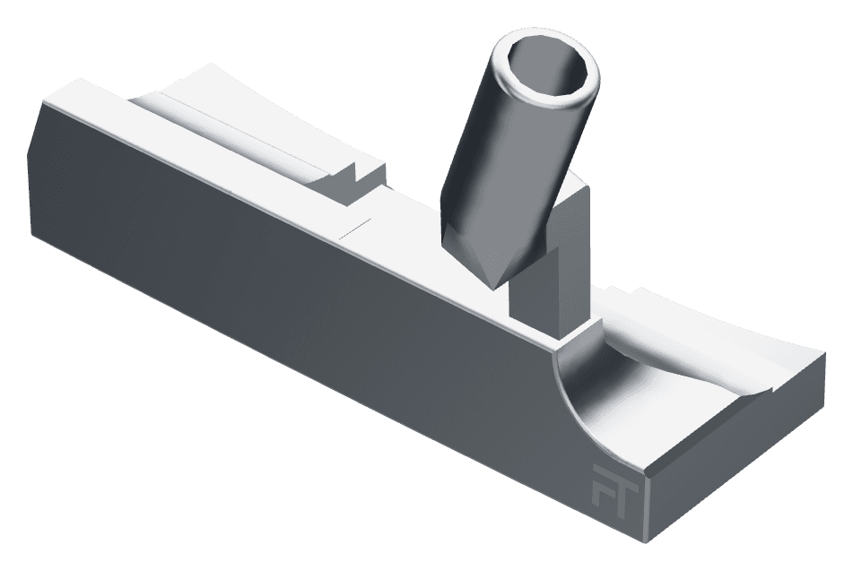 A steel blade putter head seen from above and behind: a long thin body, a cavity behind the face, a plumber's neck rising from the heel, and the letters FT engraved on the back.
